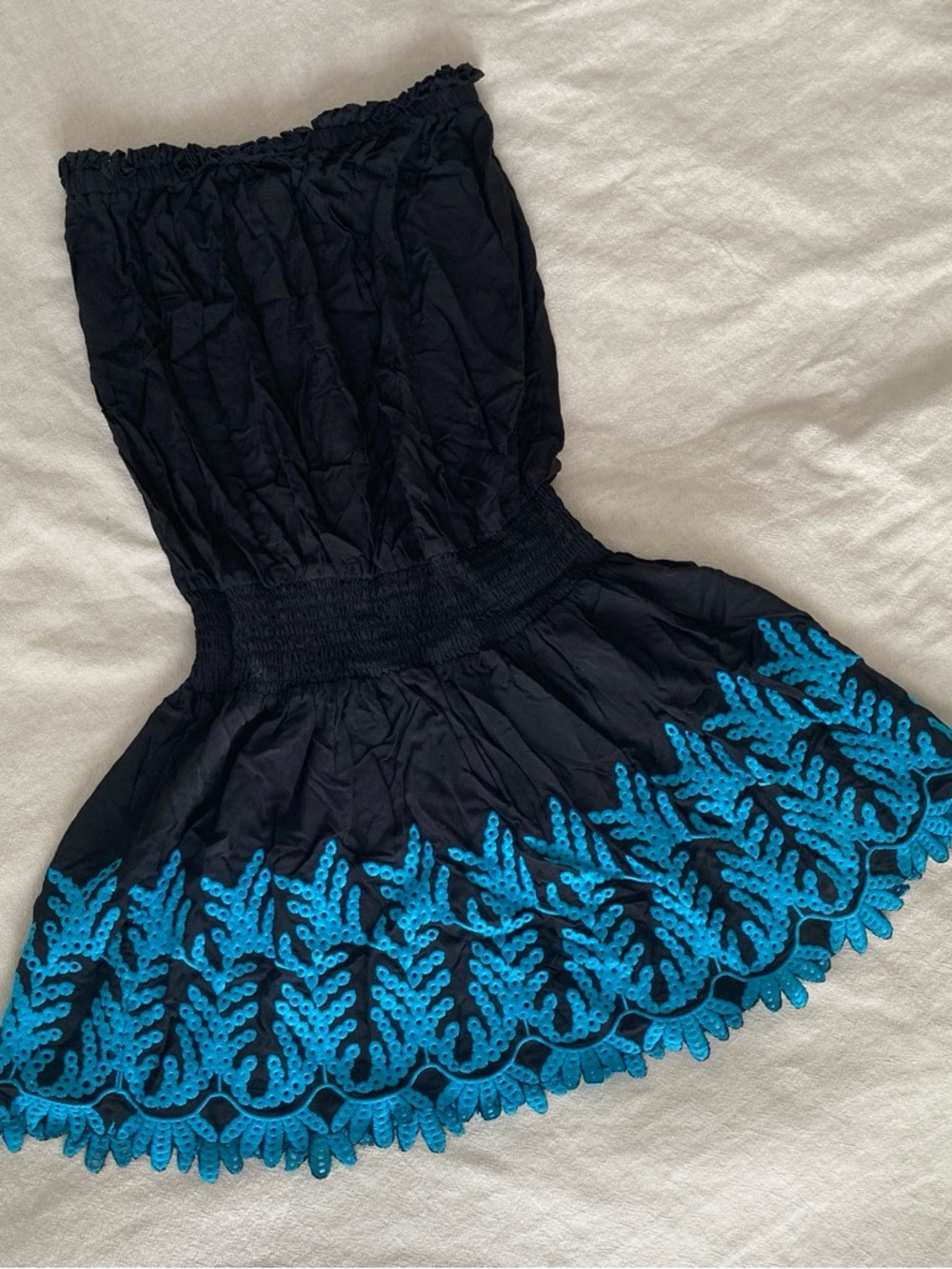 Ramy Brook Black Dress with embroidered blue lace like stitching on hem dress